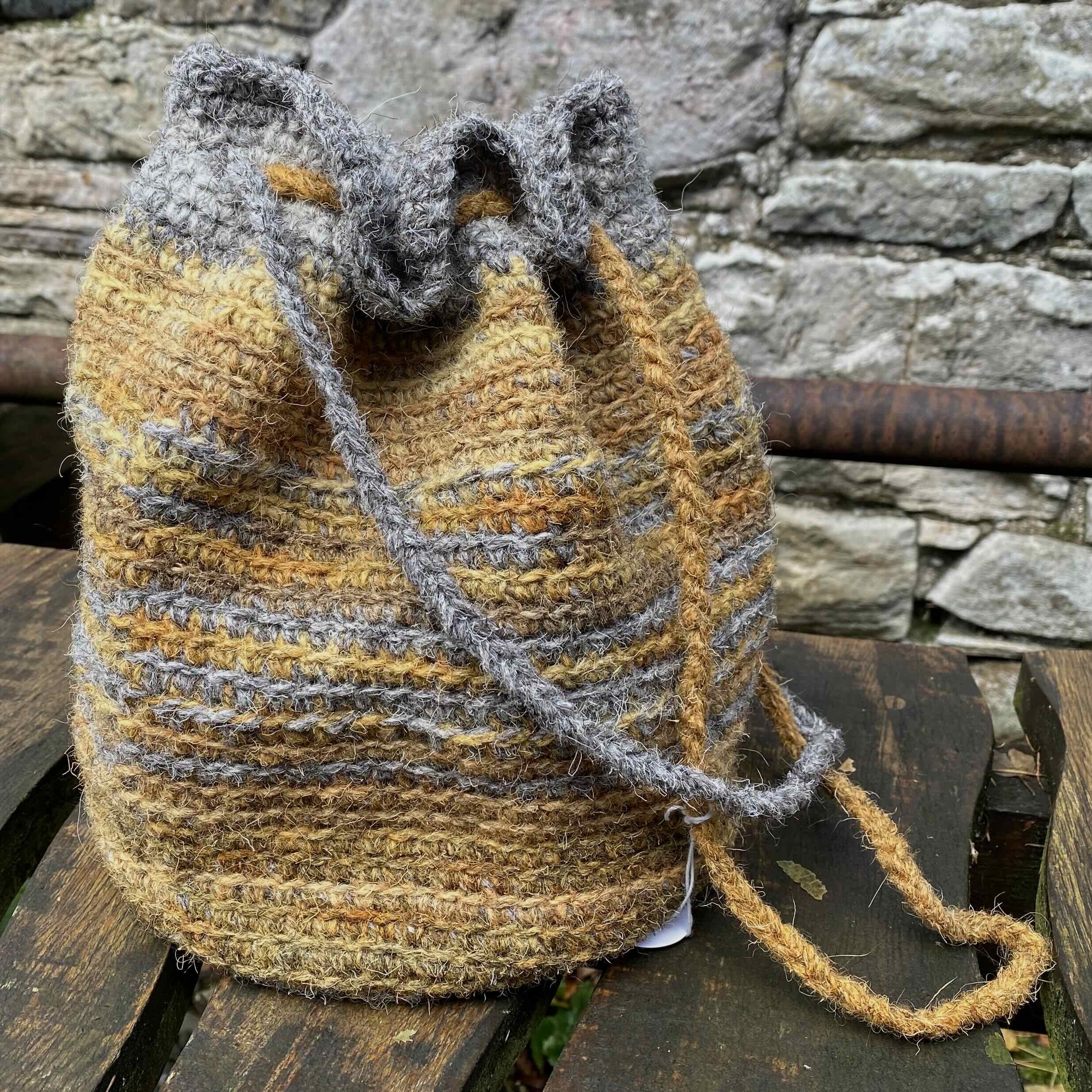 Hand Crocheted Drawstring Bag - 'Yellow & Grey'