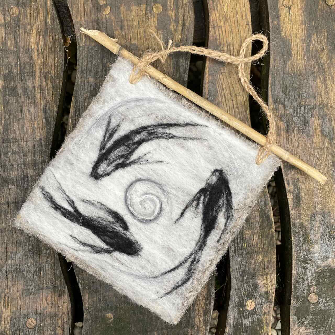 Needlefelted Picture - B&W Circling Fish