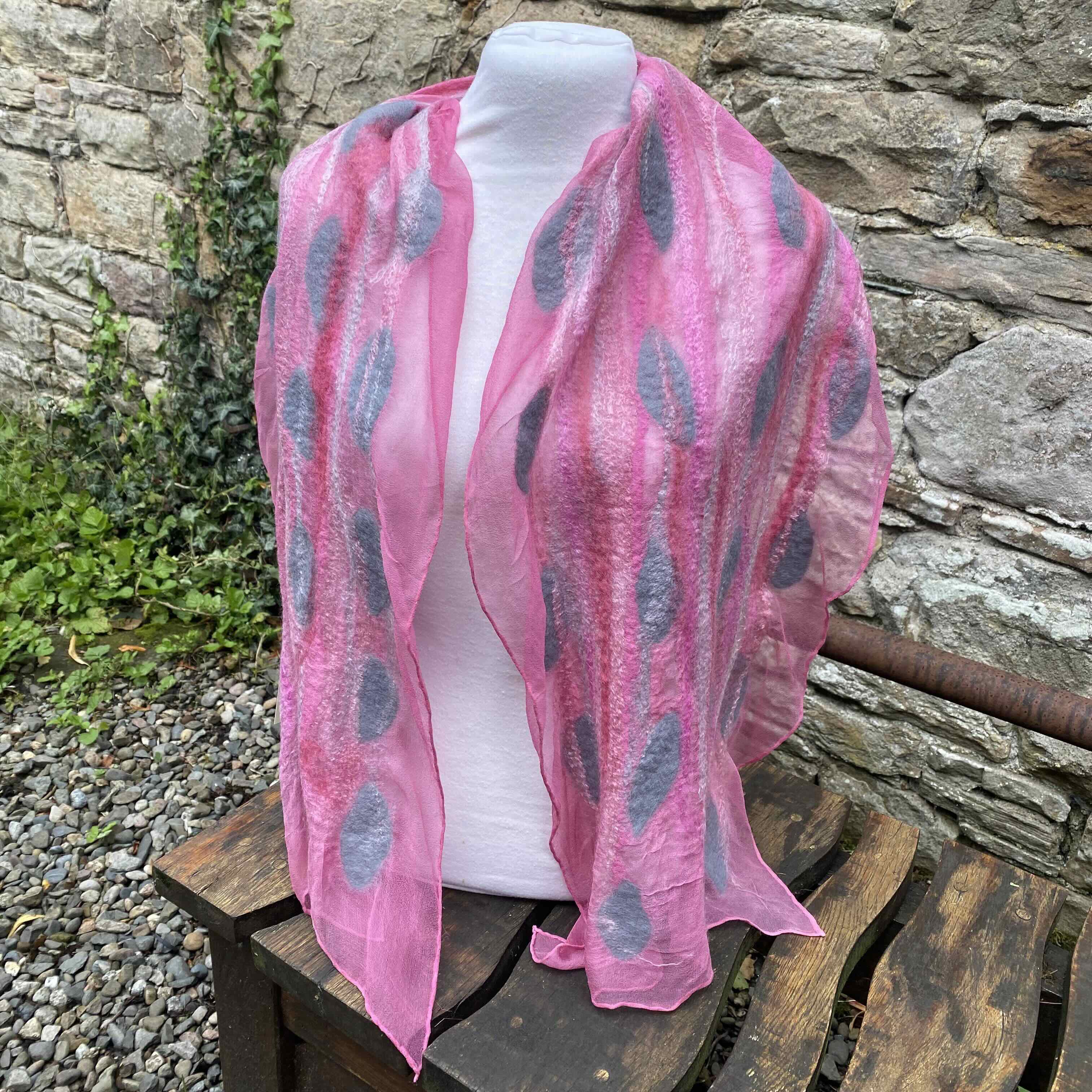 Nuno Felted Scarf (BFL/Silk Chiffon) - Pink & Grey